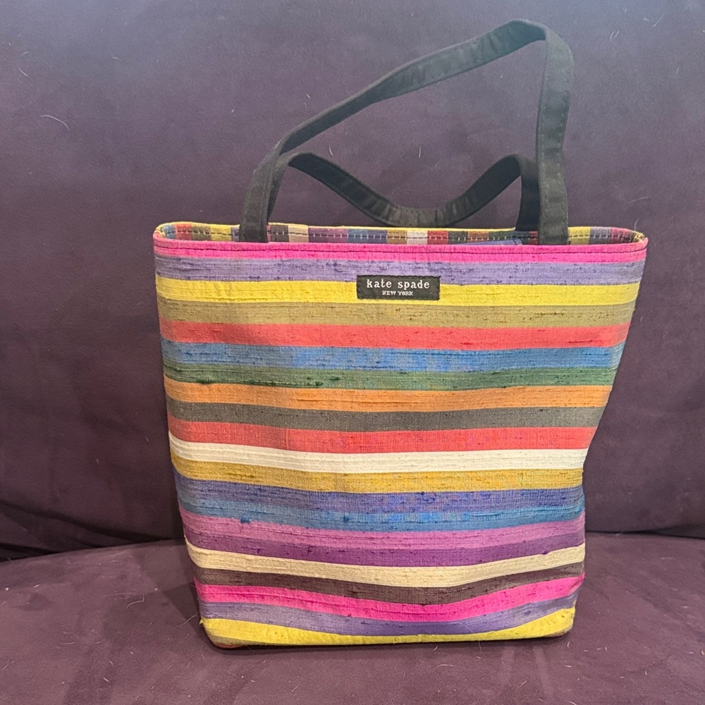 kate spade Multicolor Striped Canvas Tote with Black Handles